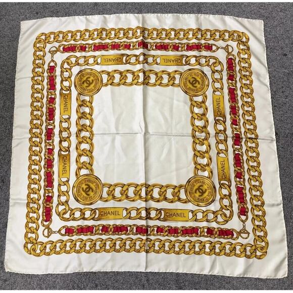 CHANEL Coco Mark Ivory x Multicolor Chain Pattern Square Silk Scarf /W Box - Picture 11 of 11